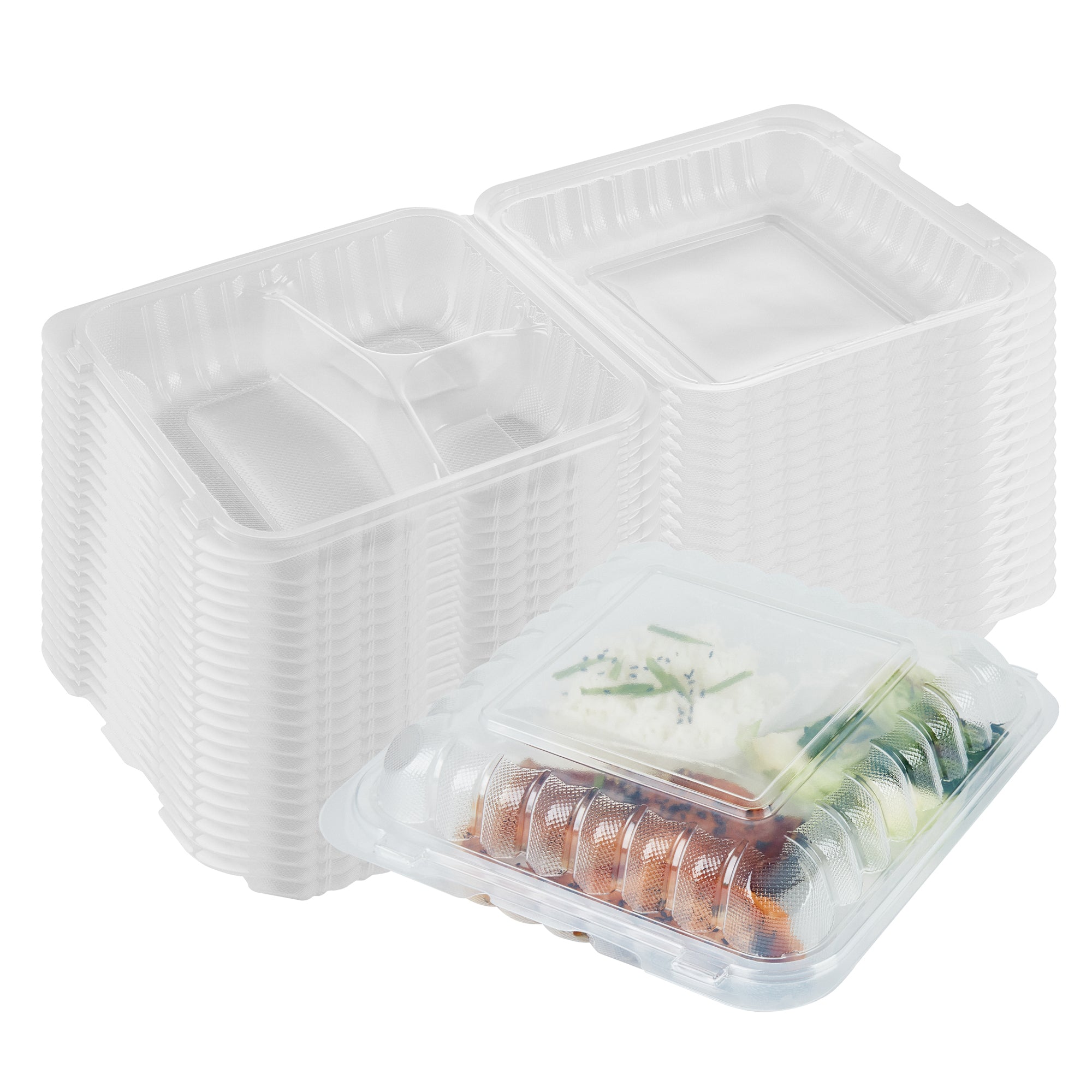 Chef 101 40 oz Square Clear Plastic Clamshell Container - 3 Compartments, Microwavable - 9" x 9" x 3" - 100 count box