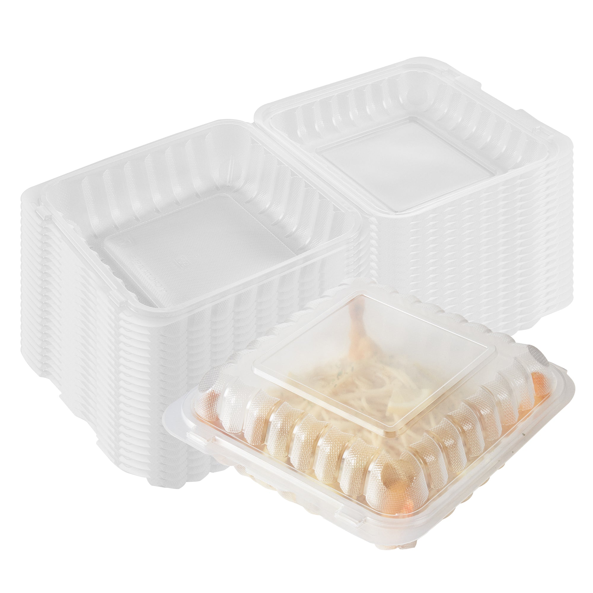 Chef 101 47 oz Square Clear Plastic Clamshell Container - Microwavable - 9" x 9" x 3 1/2" - 100 count box