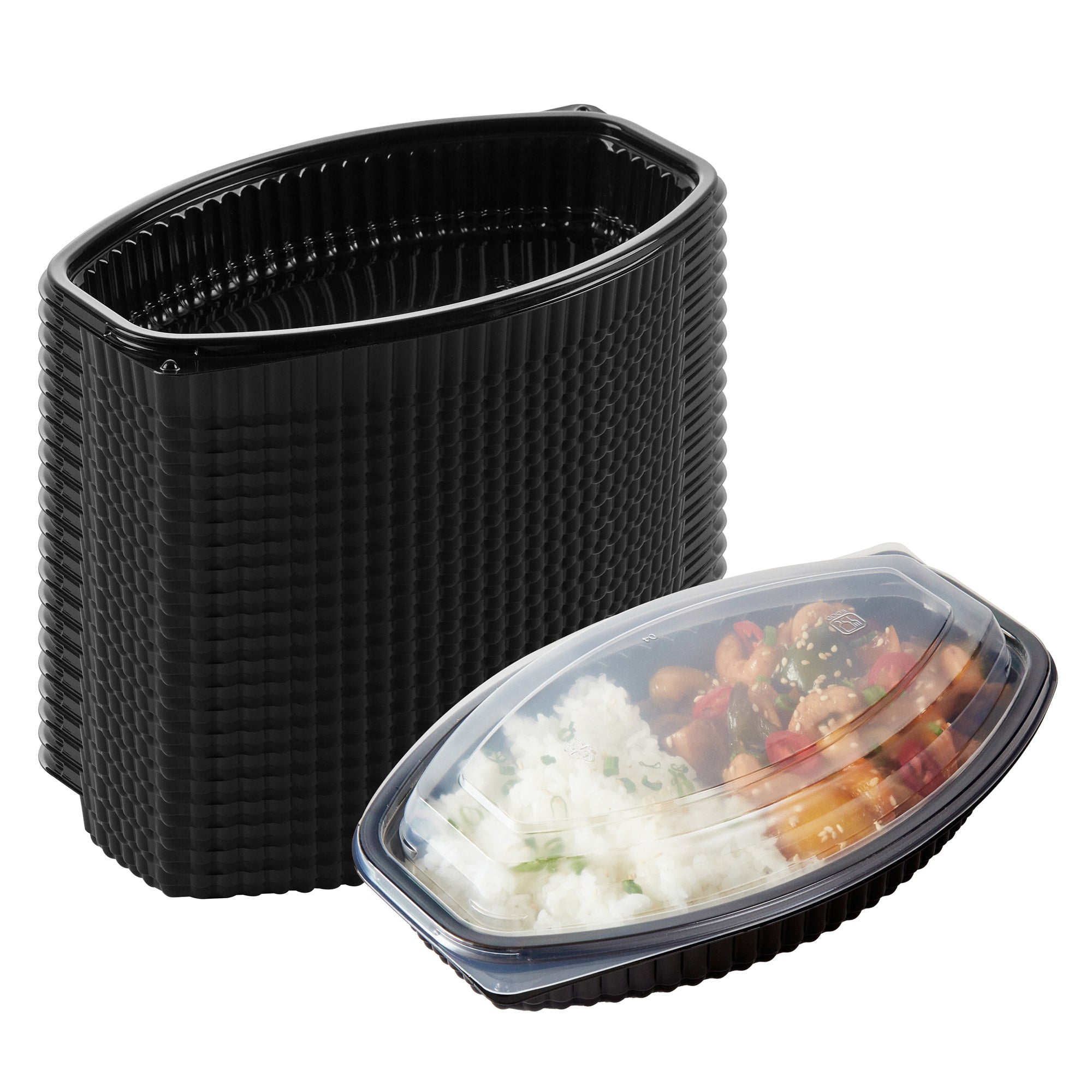 Chef 101 21 oz Oval Black Plastic Food Container - with Clear Lid, Microwavable - 9 1/4" x 5 3/4" x 2 1/4" - 100 count box