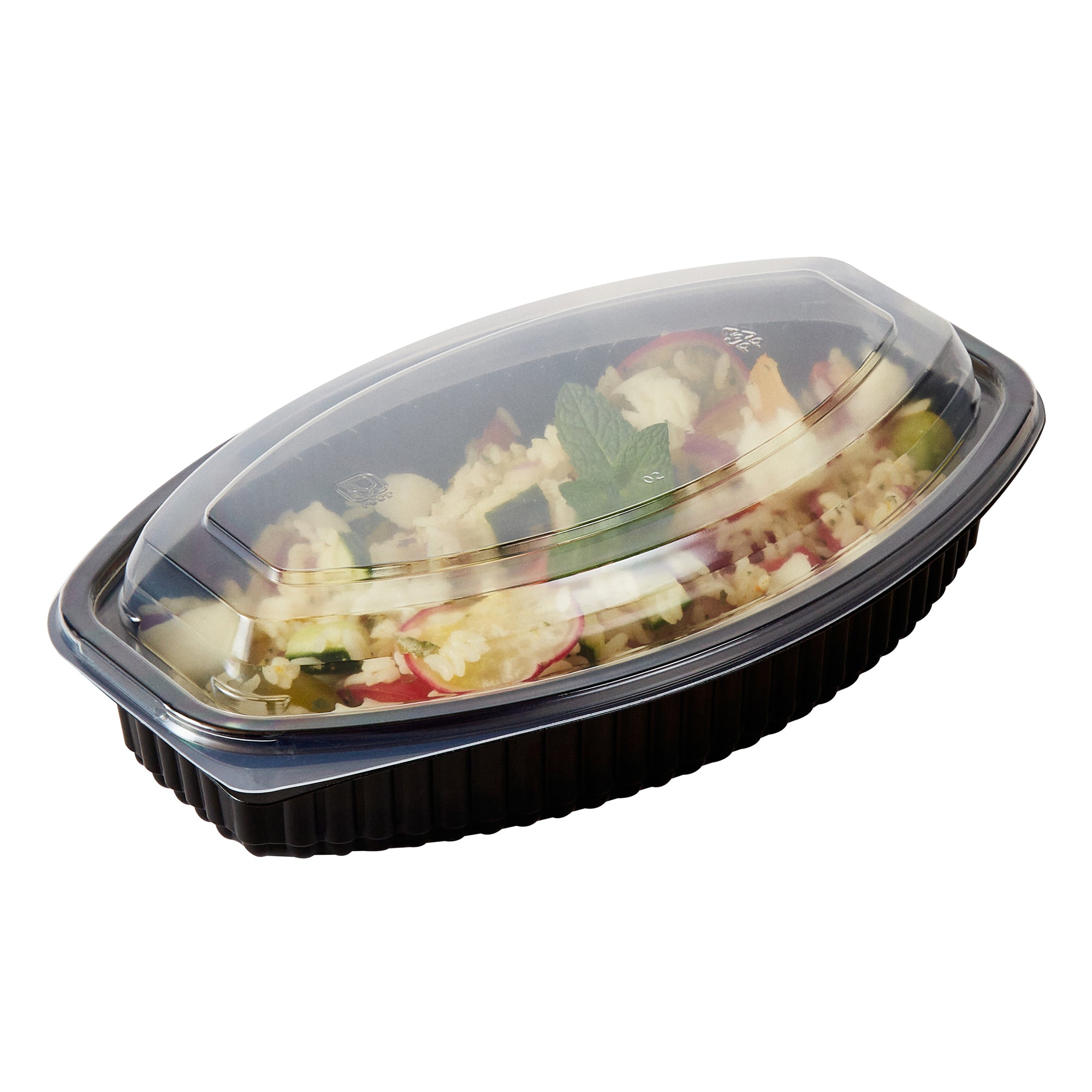 Chef 101 24 oz Oval Black Plastic Food Container - with Clear Lid, Microwavable - 9 1/4" x 5 3/4" x 2 1/2" - 100 count box