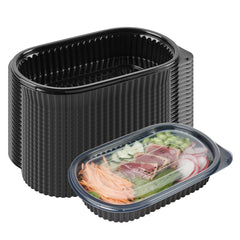 Chef 101 25 oz Oval Black Plastic Food Container - with Clear Flat Lid, Microwavable - 9 1/4