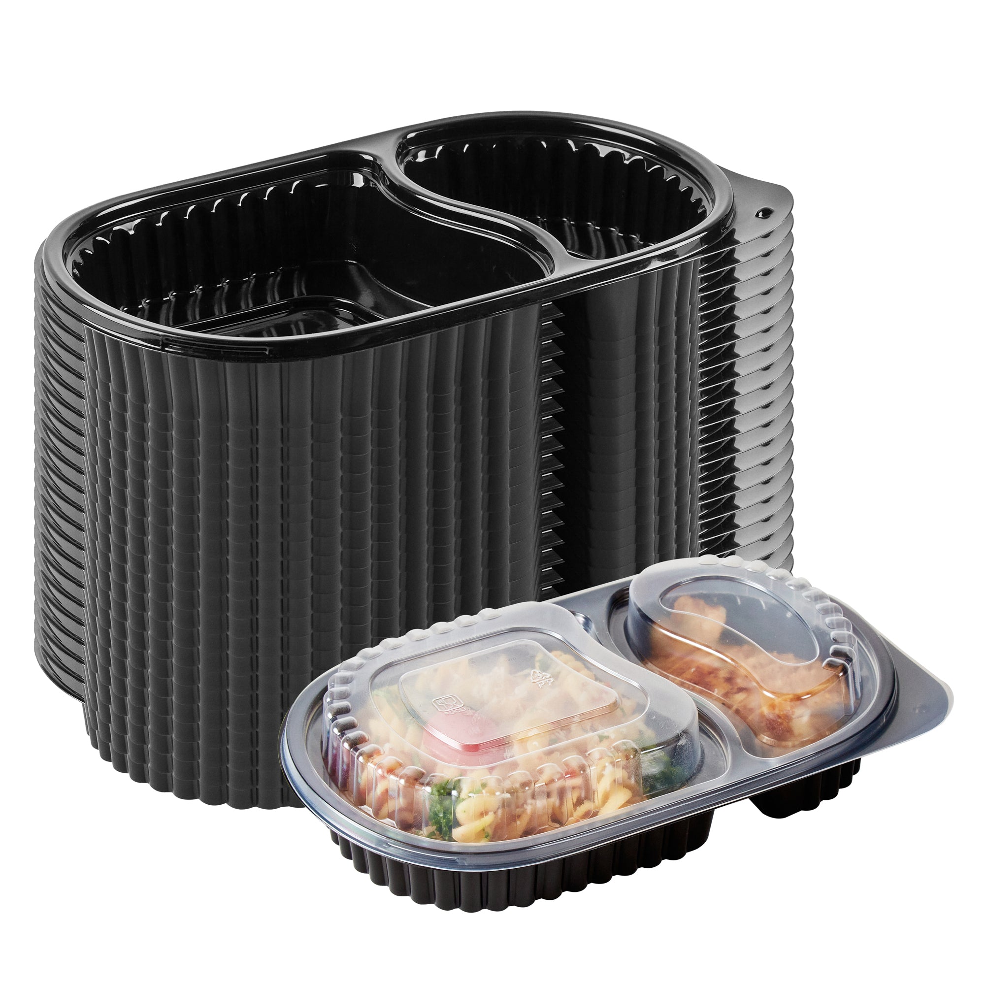 Chef 101 20 oz Oval Black Plastic Food Container - with Clear Dome Lid, Microwavable - 9 1/4" x 6" x 2 1/4" - 100 count box