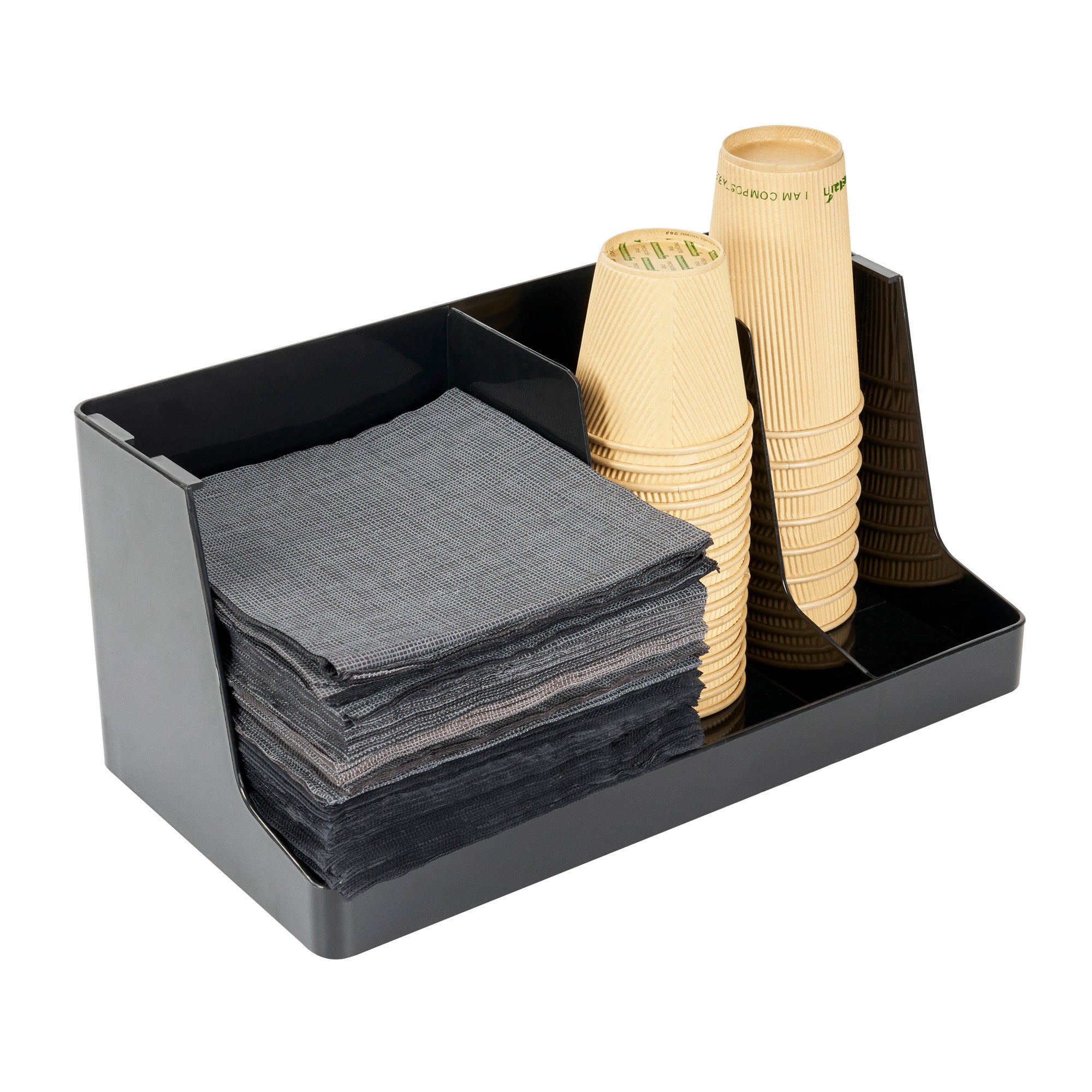 Restpresso Black Plastic Coffee Cup / Lid / Napkin Organizer - 3 Section - 16 1/4" x 8 1/4" x 7" - 1 count box