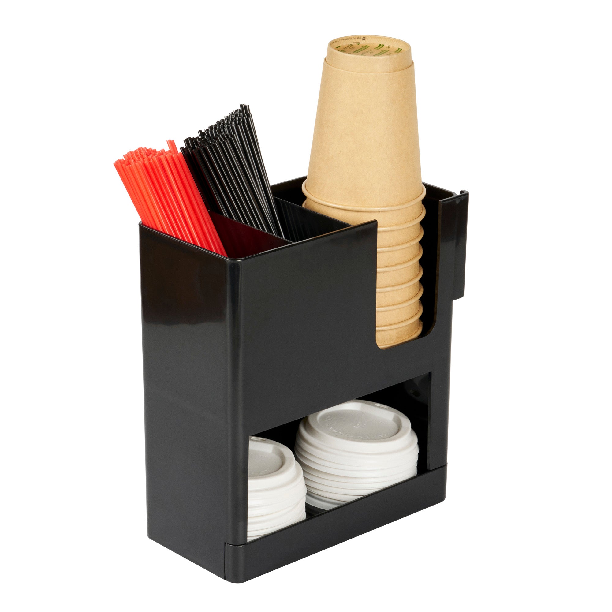 Restpresso Black Plastic Coffee Cup / Lid / Straw Organizer - 4 Section - 9" x 4 1/4" x 9 1/2" - 1 count box