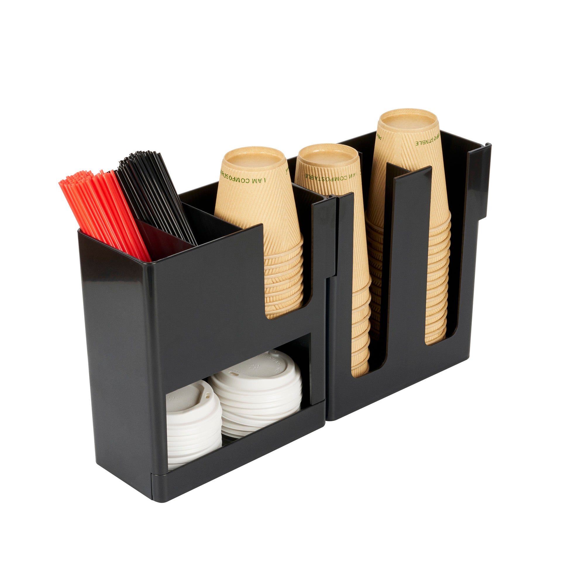 Restpresso Black Plastic Coffee Cup / Lid / Napkin Organizer - 6 Section - 17 1/4" x 4 1/4" x 9 3/4" - 1 count box