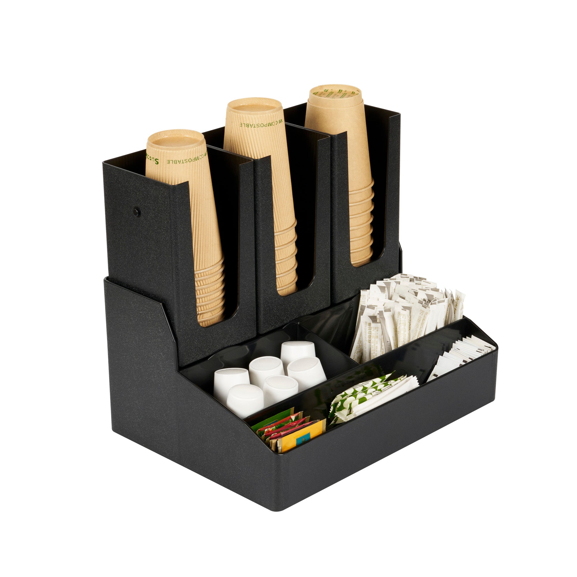 Restpresso Black Plastic Coffee Cup / Lid / Condiment Organizer - 6 Compartments - 14" x 10 1/2" x 12 1/4" - 1 count box