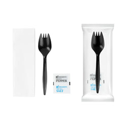Chef 101 Black Plastic Spork - with Napkin and Salt / Pepper Packets, Medium Weight, Wrapped - 5 1/4
