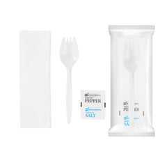Chef 101 White Plastic Spork - with Napkin and Salt / Pepper Packets, Medium Weight, Wrapped - 5 1/4