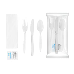 Chef 101 White Plastic Cutlery Set - with Napkin and Salt / Pepper Packets, Medium Weight, Wrapped - 6 1/2