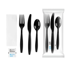 Chef 101 Black Plastic Cutlery Set - with Napkin and Salt / Pepper Packets, Extra Heavy Weight, Wrapped - 7 1/2