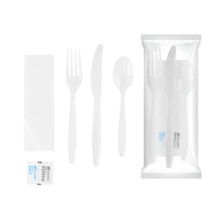 Chef 101 White Plastic Cutlery Set - with Napkin and Salt / Pepper Packets, Extra Heavy Weight, Wrapped - 7 1/2