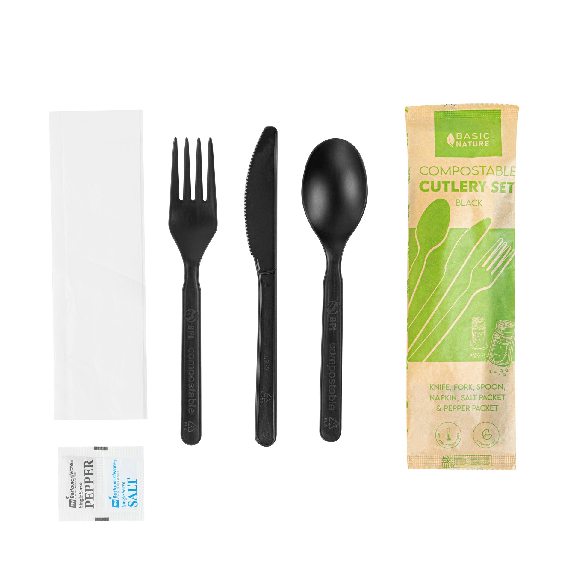 Basic Nature Black PLA Plastic Cutlery Set - with Napkin and Salt / Pepper Packets, Wrapped, Compostable - 6 1/4" - 500 count box