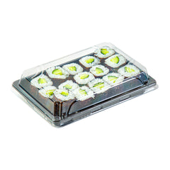 Roku Rectangle Black Plastic Take Out Sushi Tray - with Clear Lid - 6 1/2
