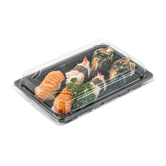 Roku Rectangle Black Plastic Take Out Sushi Tray - with Clear Lid - 7