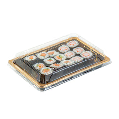 Roku Rectangle Gold Plastic Take Out Sushi Tray - with Clear Lid - 7