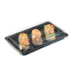 Roku Rectangle Black Plastic Take Out Sushi Tray - with Clear Lid - 8 1/4