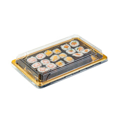 Roku Rectangle Gold Plastic Take Out Sushi Tray - with Clear Lid - 8 1/4
