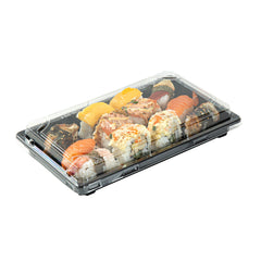 Roku Rectangle Black Plastic Take Out Sushi Tray - with Clear Lid - 9 1/4