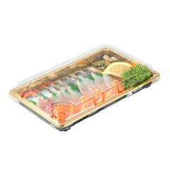 Roku Rectangle Gold Plastic Take Out Sushi Tray - with Clear Lid - 9 1/4