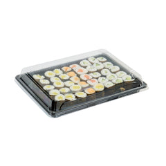 Roku Rectangle Black Plastic Take Out Sushi Tray - with Clear Lid - 10