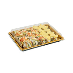 Roku Rectangle Gold Plastic Take Out Sushi Tray - with Clear Lid - 10