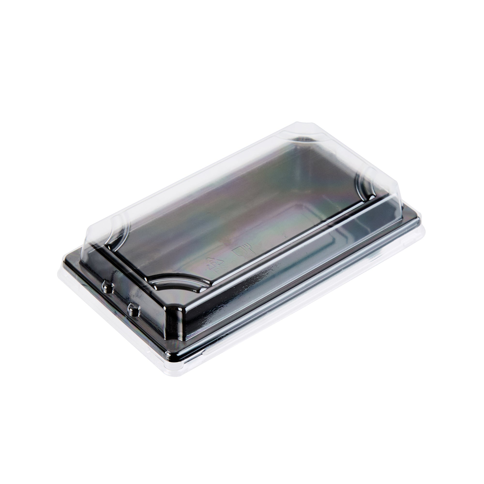 Roku Rectangle Black Plastic Take Out Sushi Tray - with Clear Lid - 5 1/4" x 3 1/4" x 1 1/2" - 100 count box