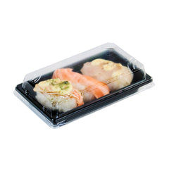 Roku Rectangle Black Plastic Take Out Sushi Tray - with Clear Lid - 5 1/4
