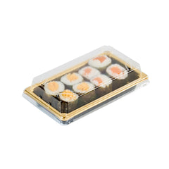 Roku Rectangle Gold Plastic Take Out Sushi Tray - with Clear Lid - 5 1/4
