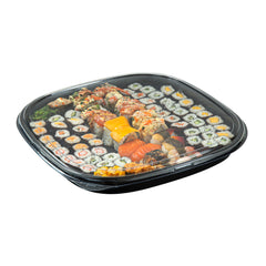 Roku Square Black Plastic Take Out Sushi Tray - with Clear Lid - 13 1/2