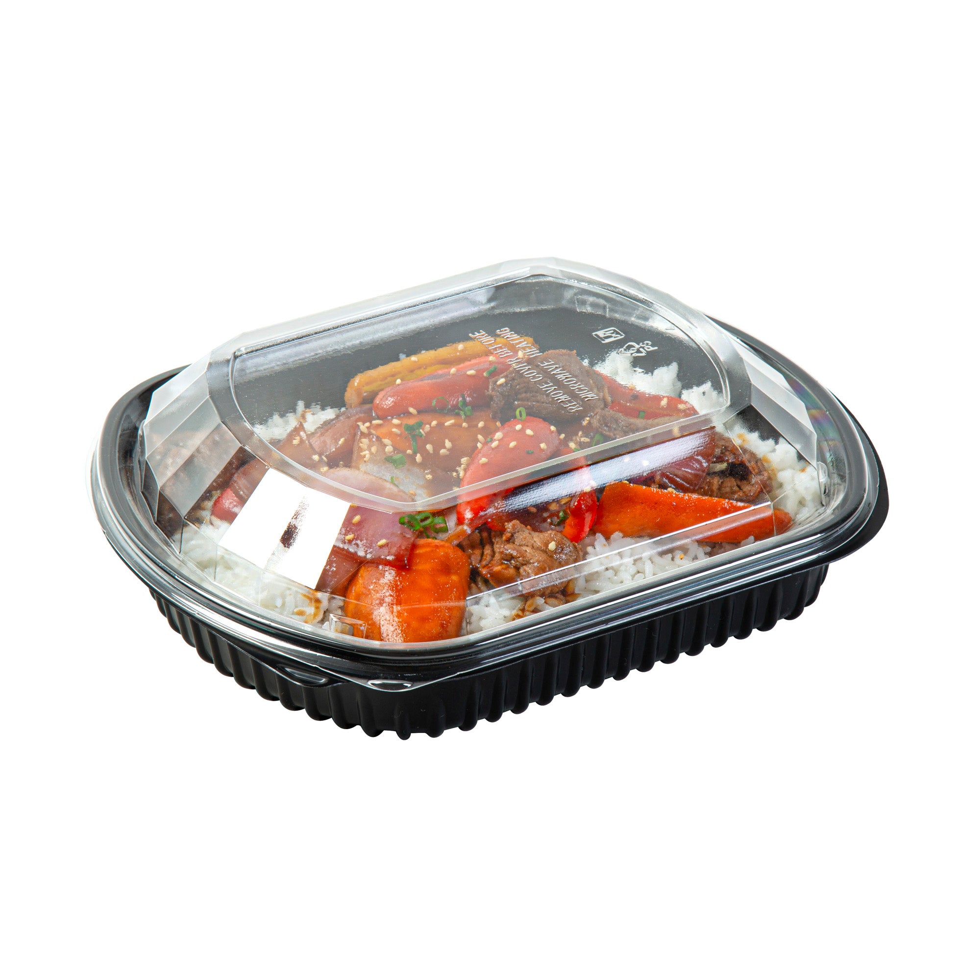 Chef 101 36 oz Rectangle Black Plastic Food Container - with Clear Lid, Microwavable - 9 1/4" x 7 3/4" x 2 3/4" - 100 count box
