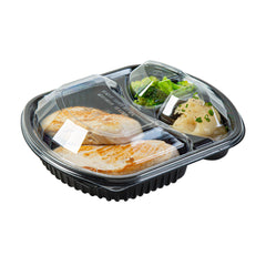 Chef 101 36 oz Rectangle Black Plastic Food Container - with Clear Lid, Microwavable, 3 Compartments - 9 1/4