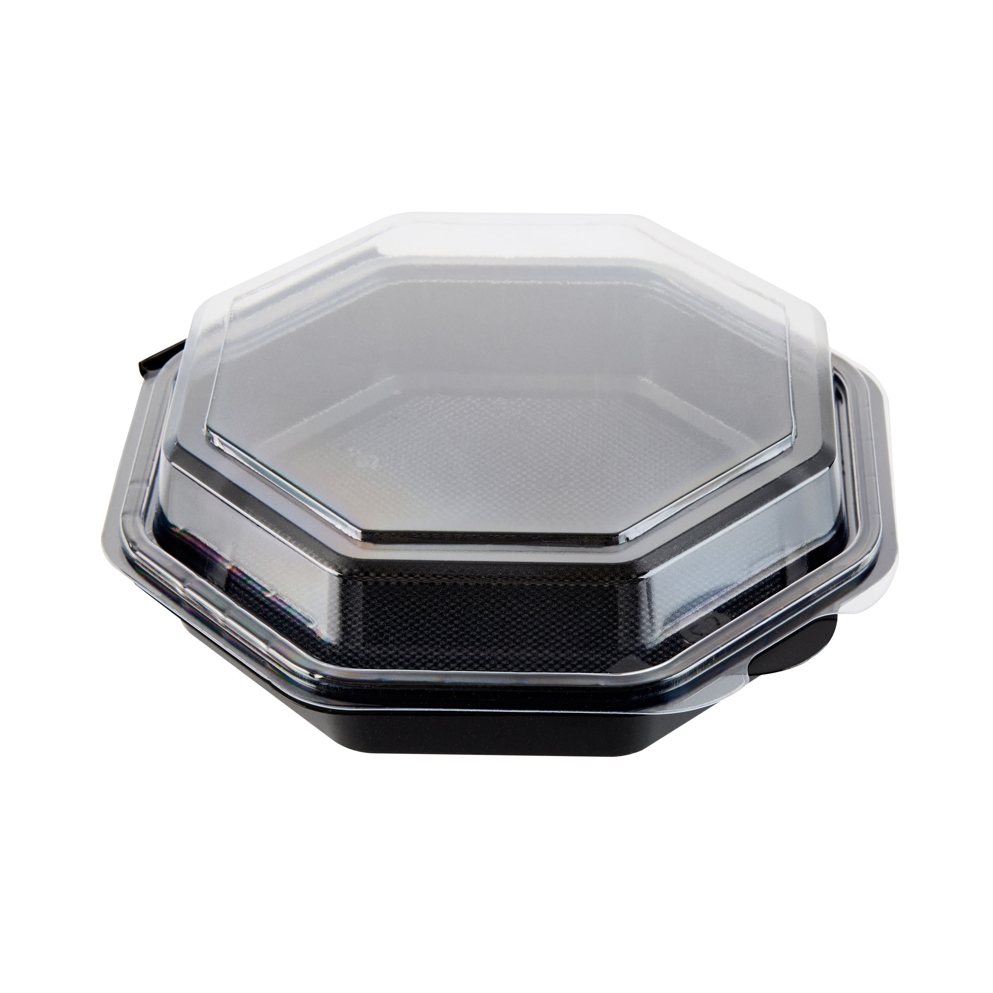 Chef 101 Octagon Black Plastic Food Container - with Clear Lid - 7 1/2" x 7 1/2" x 2 1/4" - 100 count box