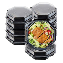 Chef 101 Octagon Black Plastic Food Container - with Clear Lid - 7 1/2