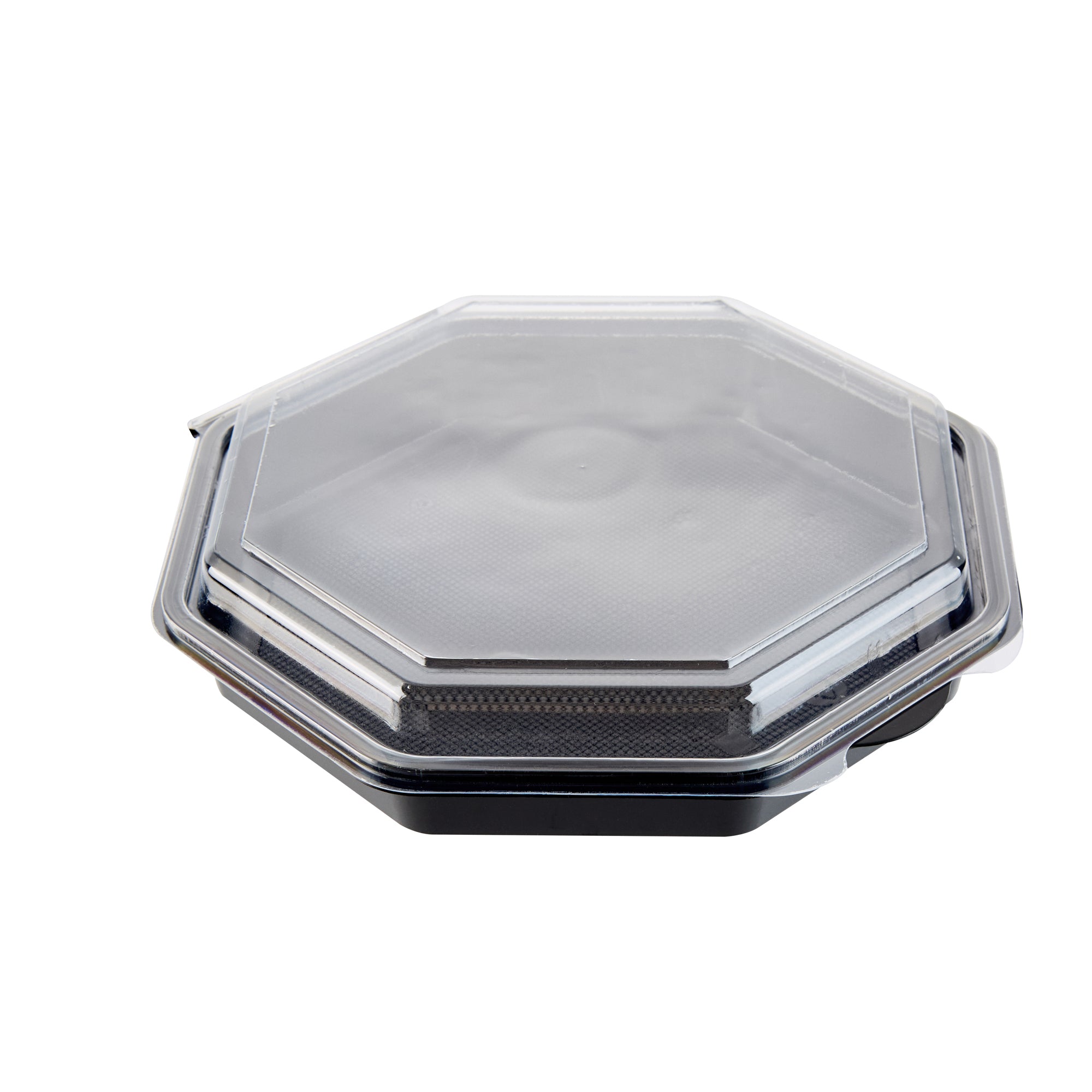 Chef 101 Octagon Black Plastic Food Container - with Clear Lid - 9" x 9" x 2" - 100 count box