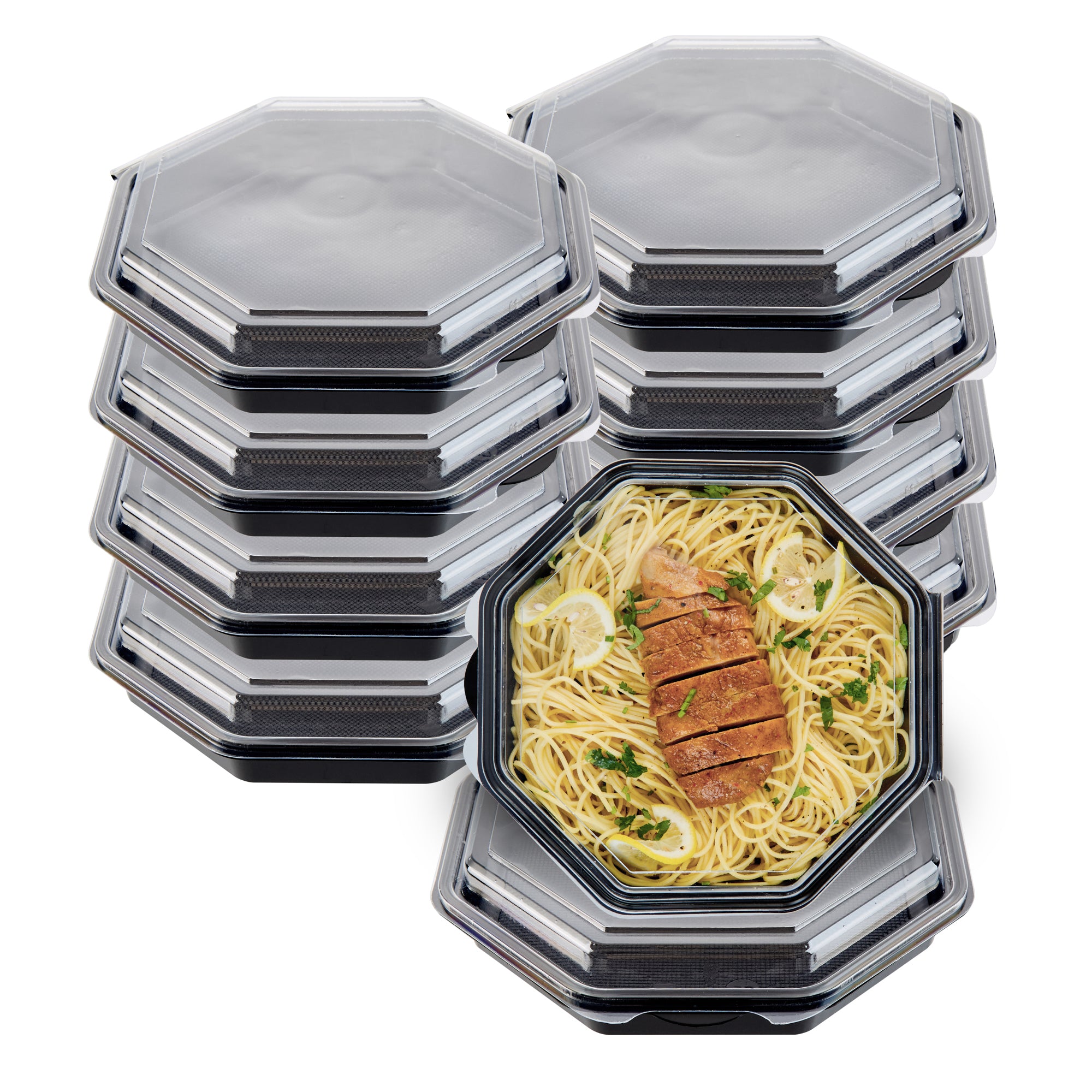 Chef 101 Octagon Black Plastic Food Container - with Clear Lid - 9" x 9" x 2" - 100 count box