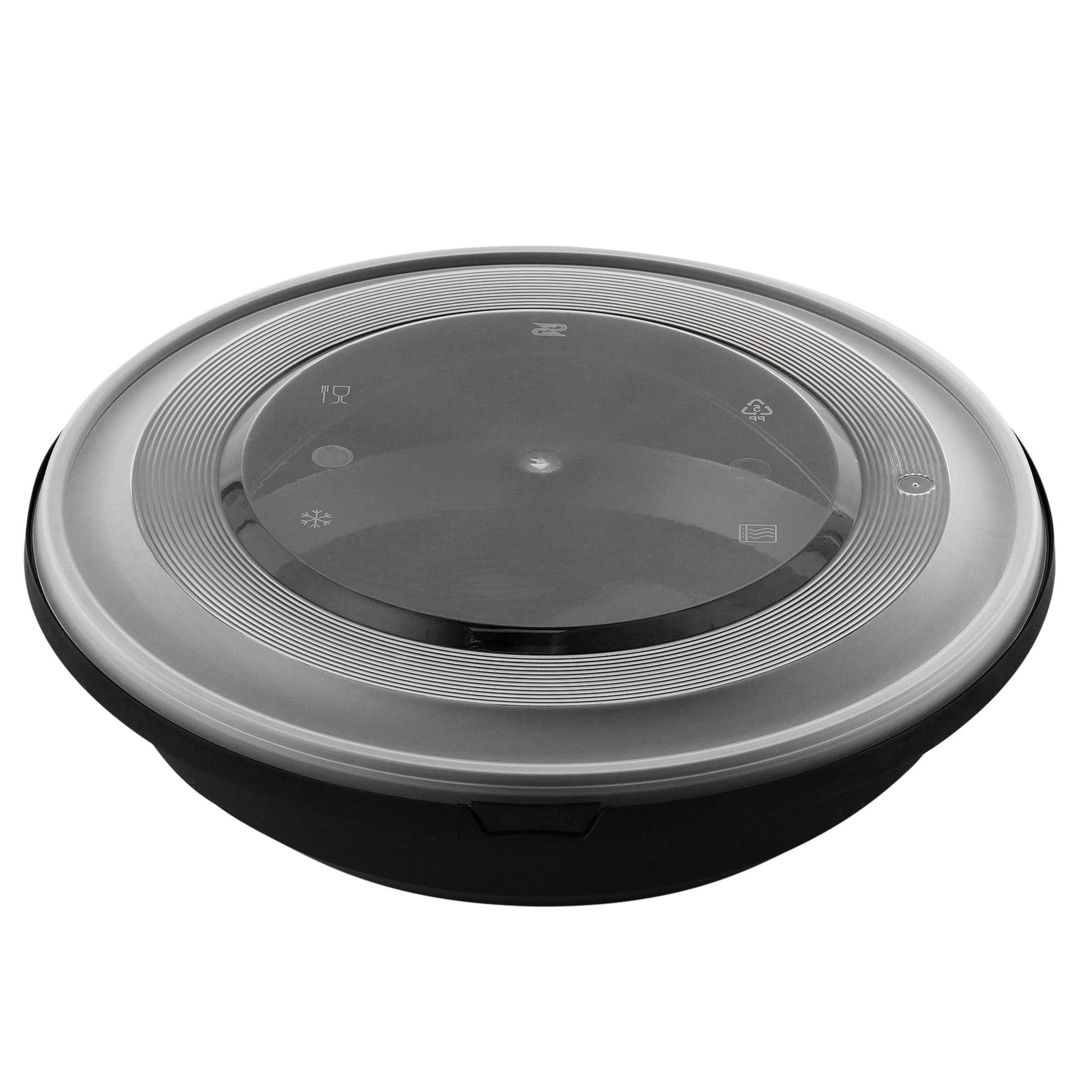 Cater Tek 58 oz Round Black Plastic Catering / Serving Bowl - with Clear Lid, Microwavable - 9 3/4" x 9 3/4" x 2 3/4" - 100 count box
