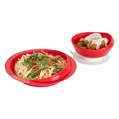 Adapt Tek Red Plastic 2-Piece Scoop Plate and Bowl Set - Spillproof, with Suction Base - Includes 1 Plate and 1 Bowl