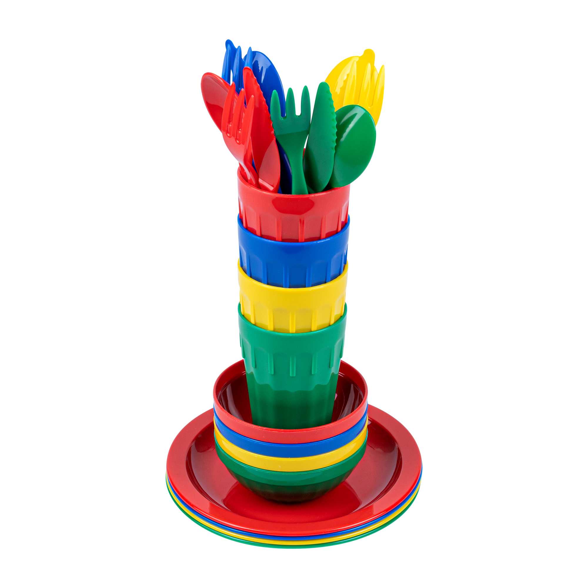 RW Kids 24-Piece Assorted Plastic Kids Dinnerware Set with Plates - Microwave-Safe, Dishwasher-Safe, BPA-Free - 1 Count Box