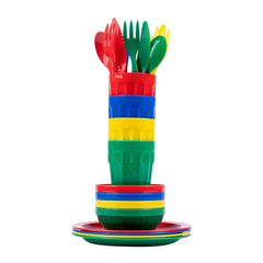 RW Kids 24-Piece Assorted Plastic Kids Dinnerware Set with Plates - Microwave-Safe, Dishwasher-Safe, BPA-Free - 1 Count Box