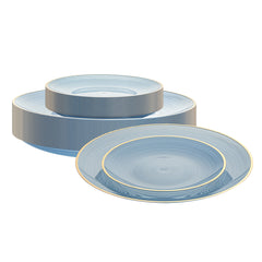 Moderna Round Blue Translucent Plastic Gold-Rimmed Plate Set - Rippled, Includes 7 1/4
