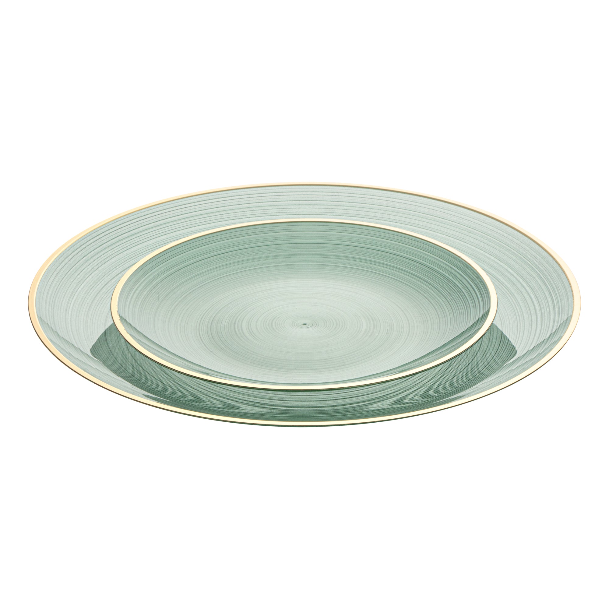 Moderna Round Green Translucent Plastic Gold-Rimmed Plate Set - Rippled, Includes 7 1/4" and 10" Plates - 200 count box