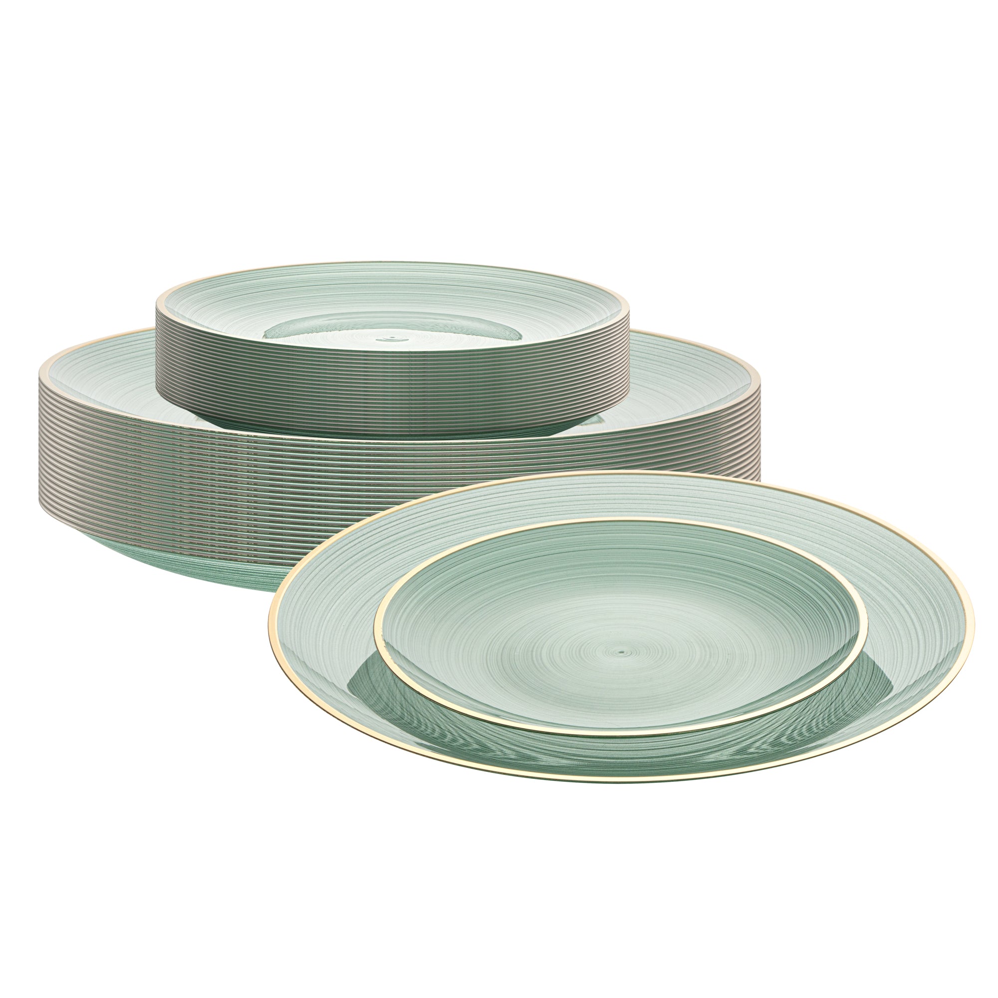 Moderna Round Green Translucent Plastic Gold-Rimmed Plate Set - Rippled, Includes 7 1/4" and 10" Plates - 200 count box