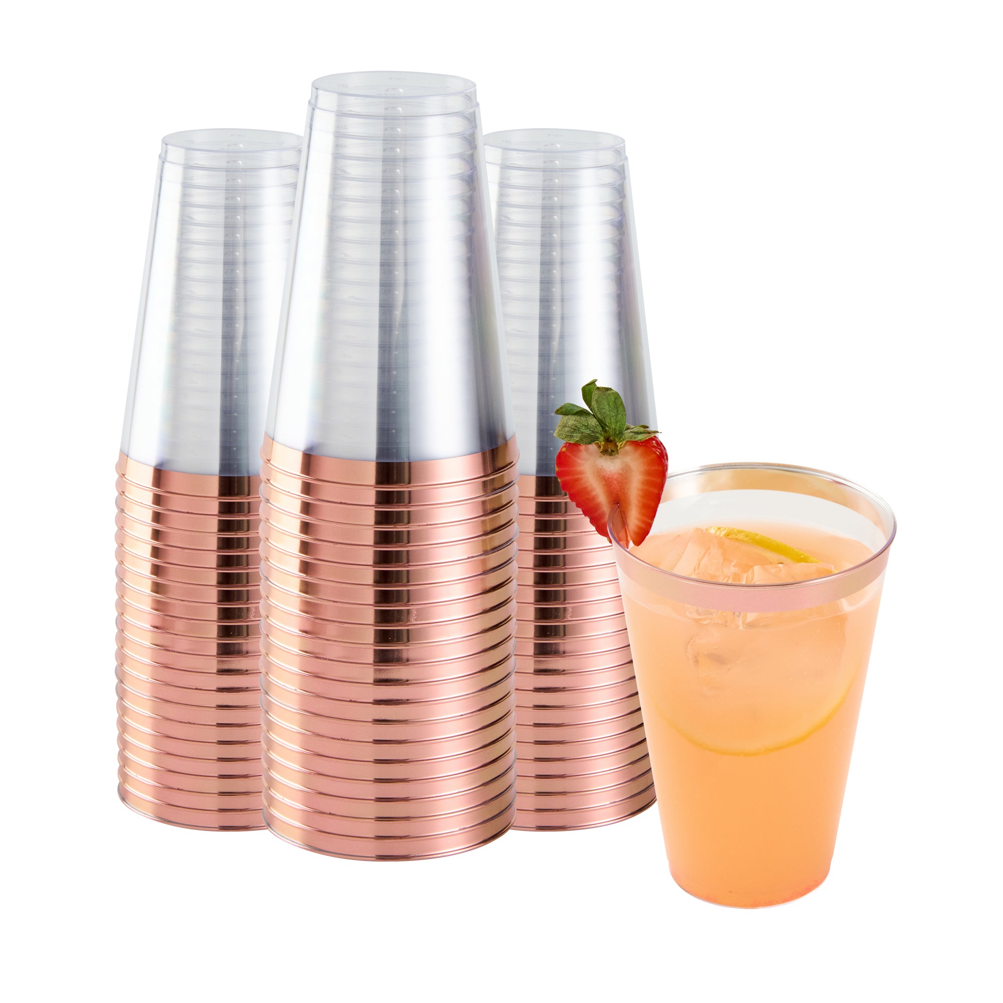 Chef 101 14 oz Clear Plastic Tumbler - with Rose Gold Rim - 3 1/4" x 3 1/4" x 4 3/4" - 500 count box