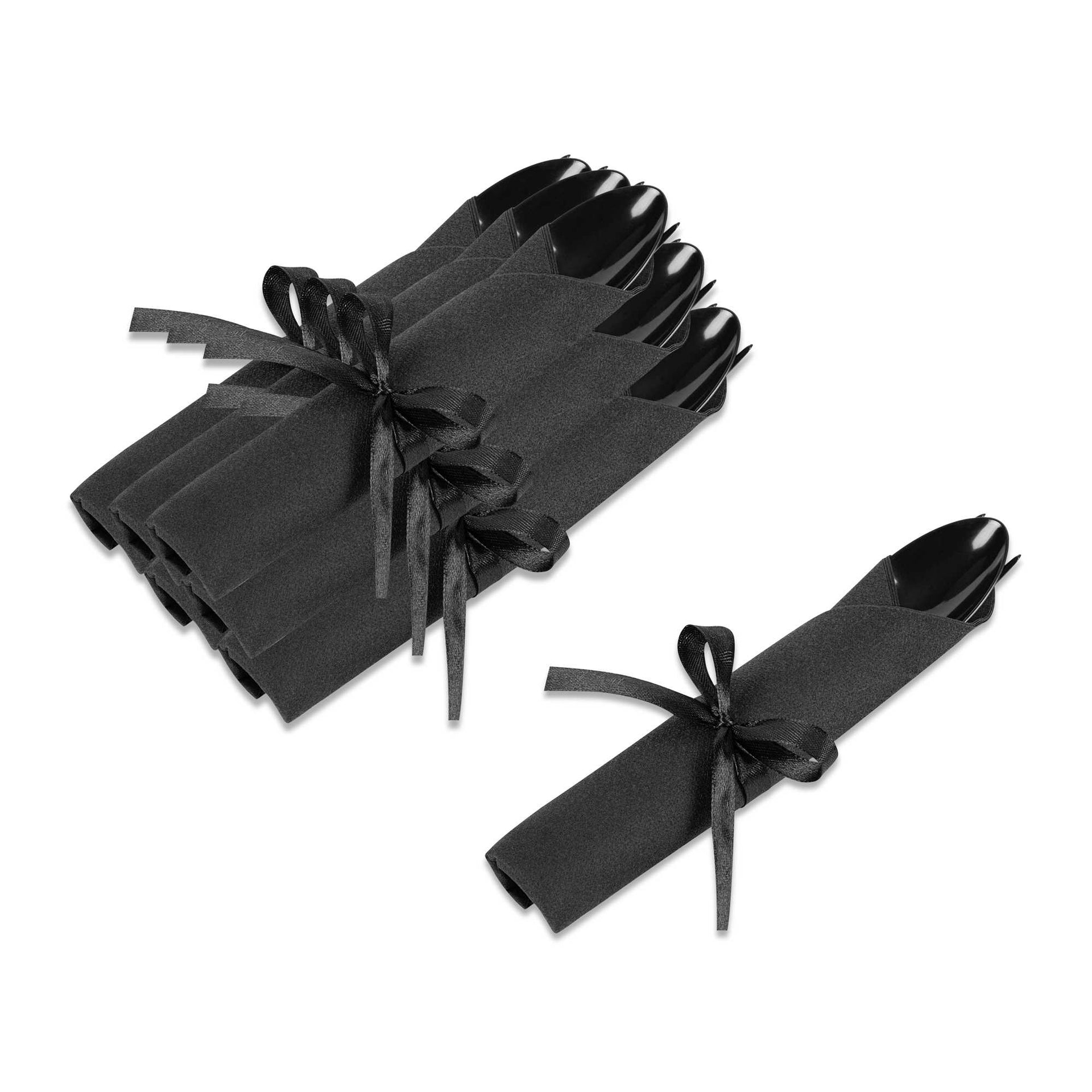 Moderna Black Plastic Cutlery Set - with Black Napkin, Black Ribbon - 7 1/4" x 2" x 1 3/4" - 100 count box