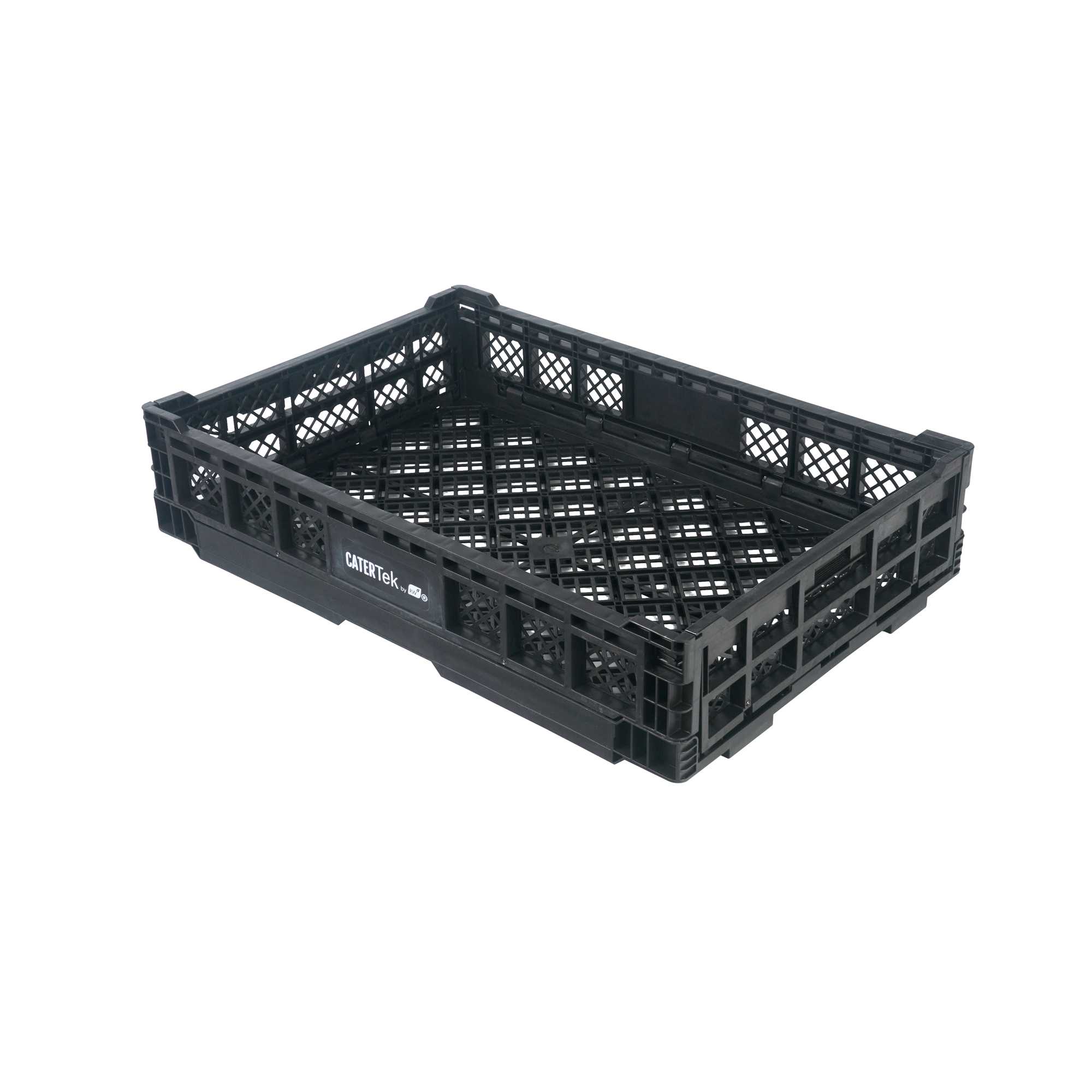 Cater Tek Rectangle Black Plastic Collapsible Crate - Vented, Stackable - 23 3/4" x 15 3/4" x 4 3/4" - 10 count box