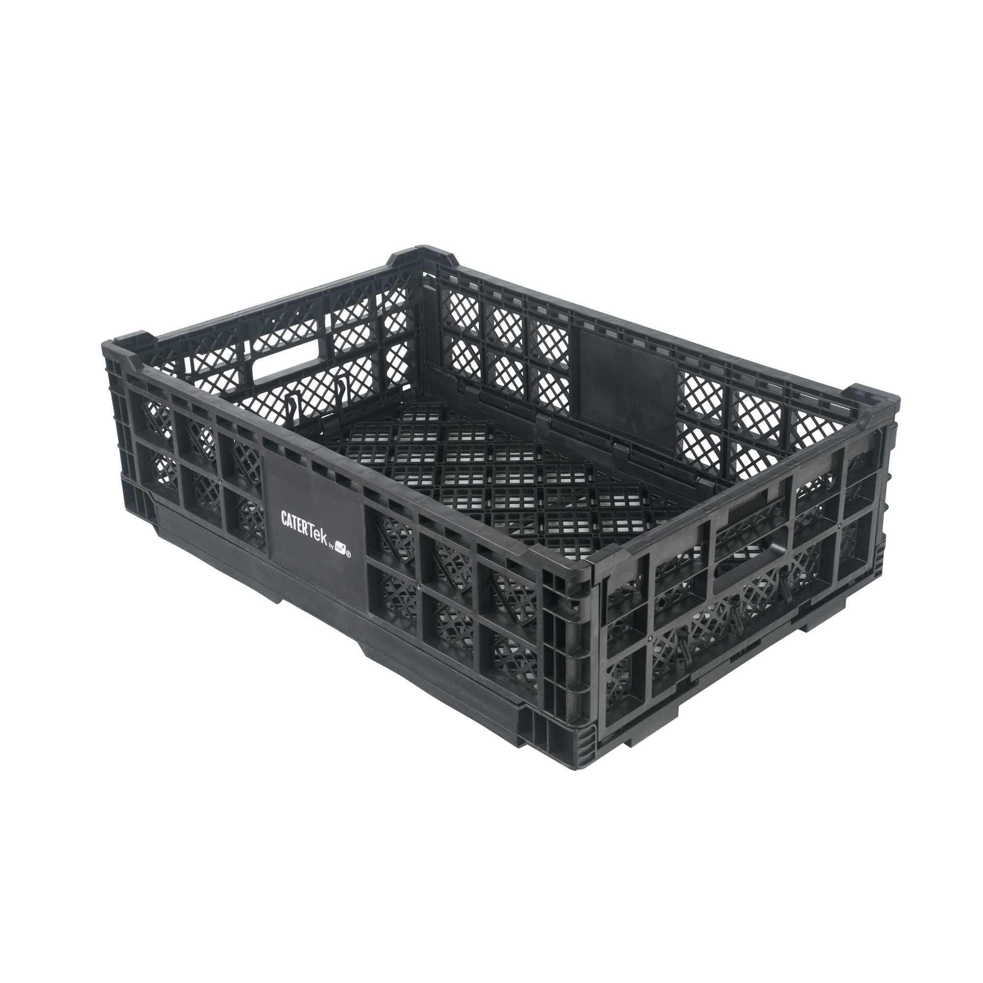 Cater Tek Rectangle Black Plastic Collapsible Crate - Vented, Stackable - 23 3/4" x 15 3/4" x 6 3/4" - 10 count box