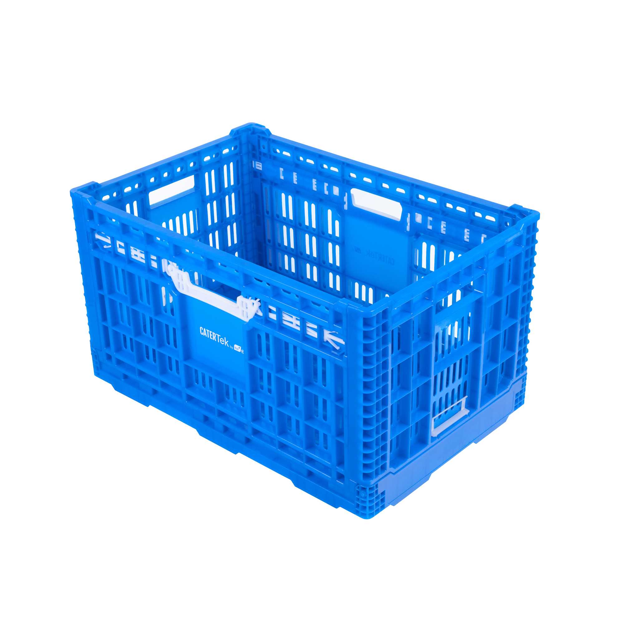 Cater Tek Rectangle Blue Plastic Collapsible Crate - Vented, Stackable - 23 1/2" x 15 3/4" x 13 1/2" - 1 count box