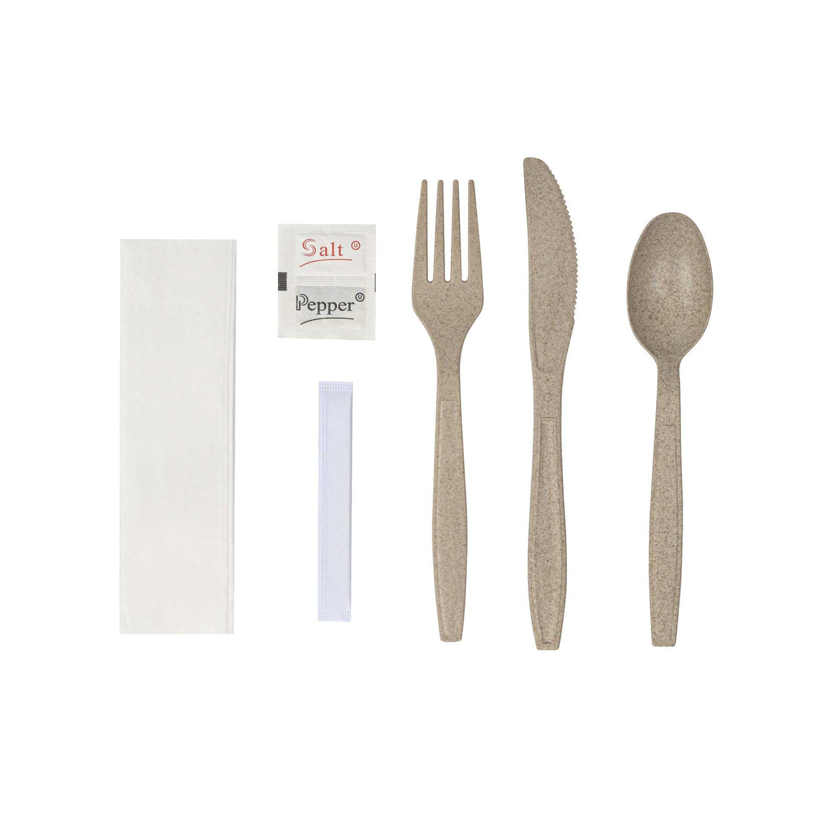 Sustain Wheat Straw Cutlery Set - with White Napkin, Salt / Pepper Packets, and Toothpick, Wrapped - 10 1/4" - 50 count box