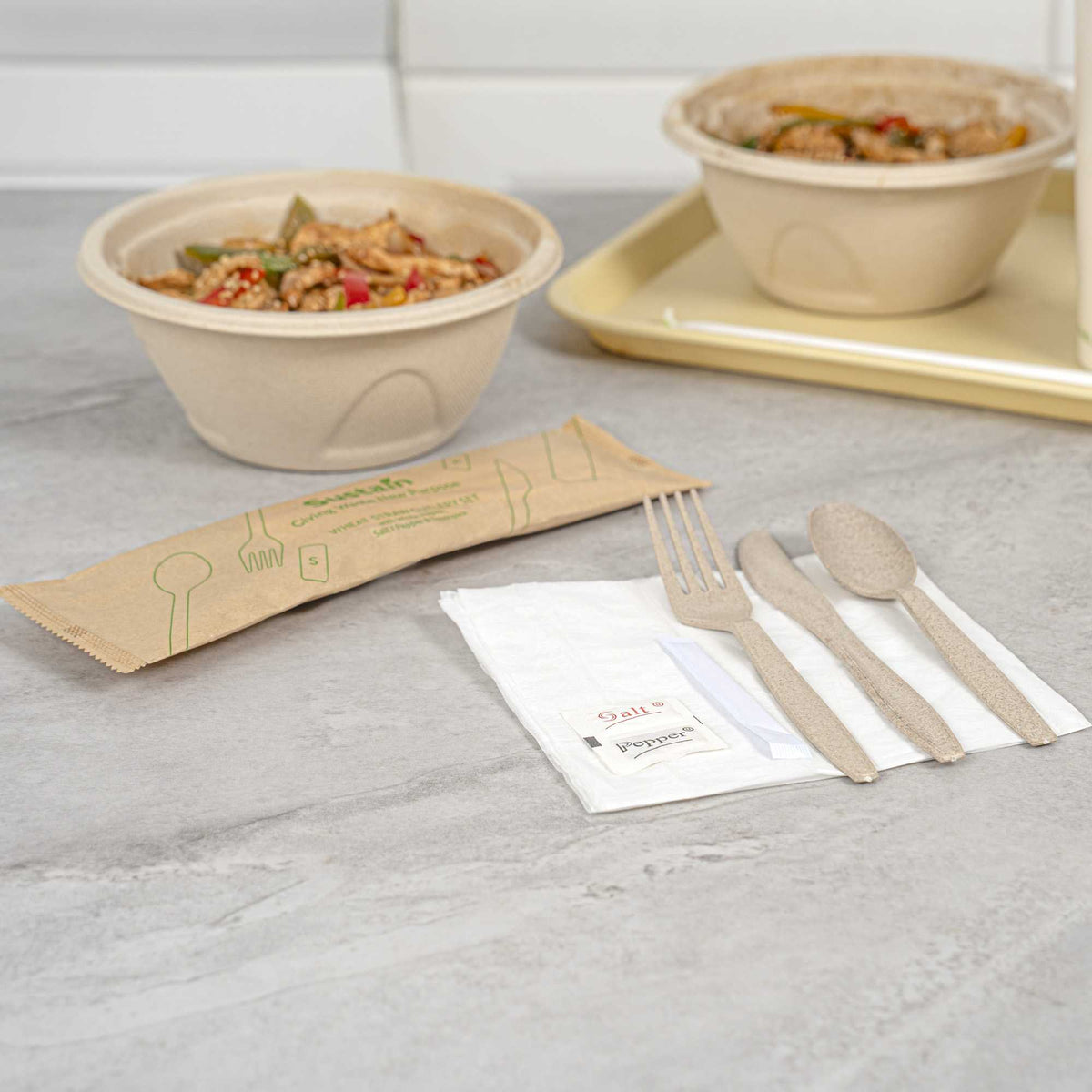 Sustain Wheat Straw Cutlery Set - with White Napkin, Salt / Pepper Packets, and Toothpick, Wrapped - 10 1/4" - 50 count box