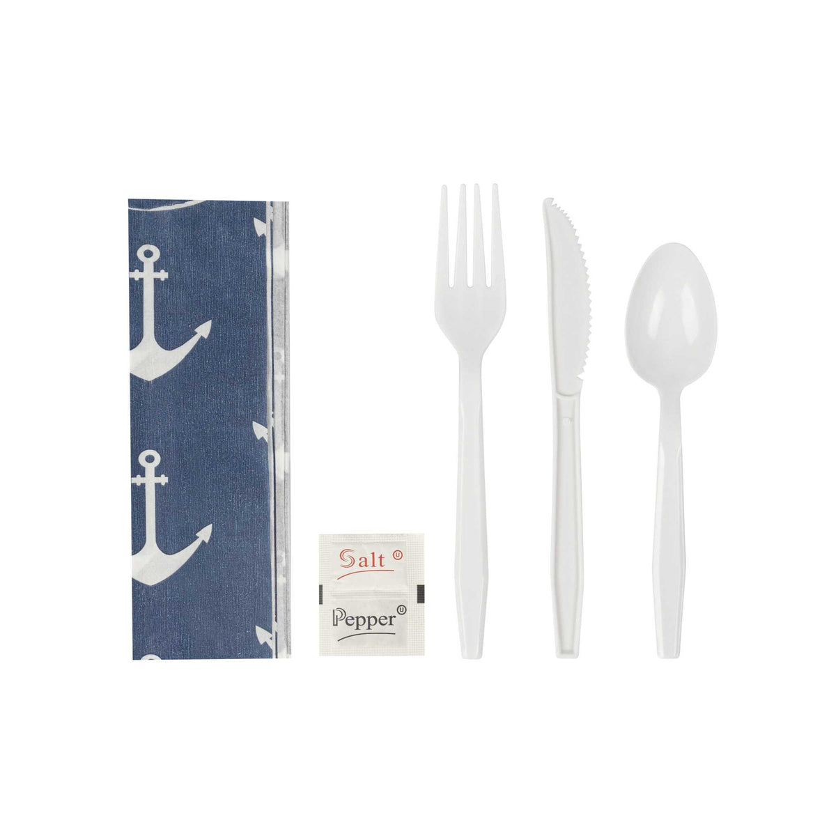 Chef 101 White Plastic Cutlery Set - Navy Blue Napkin with Anchor Print, Salt/Pepper Packets, Heavy Weight, Wrapped - 9 1/4" - 100 count box